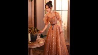 Luxury Champagne Color Full Length Evening Party Dress