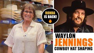 Shaping a Waylon Jennings flat brim cowboy hat with Ronda, at the Historic Emporium Western Store