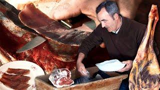 Homemade jerky with sheep leg, salt and paprika. Traditional recipe for this dehydrated meat