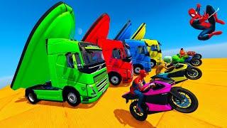 Spiderman & Super Heroes Race In Mega Ramps By Mack Trucks & Sea Bikes Super Cars