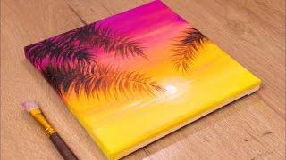 How to Draw Palm Tree Sunset | Easy Acrylic Painting Techniques | Painting for Beginners