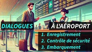 Dialogue en français à l'aéroport, enregistrement, contrôle de sécurité, conversation d'embarquement