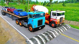 Flatbed Trailer Tracktor Truck Rescue Stuck Cars – Long Cars vs Rail Road and Trains BeamNG