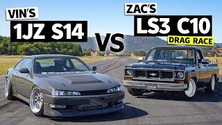 Vin vs Zac Showdown! 1JZ-swapped 240sx drag races Boomhauer the LS3-swapped Chevy C10