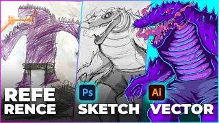 Desneceglacius Illustration Process - Sketching in Photoshop to Vectoring in Illustrator