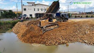 Wonderful New Project Bulldozer Komatsu Pushing Stone Soil Filling Land & Dump Truck Dumping Stone