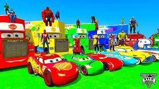 SPIDERMAN McQueen Race All Disney Cars on MEGA RAMP ! SUPERHERO HULK Mack Truck Disney Cars 3- GTA V