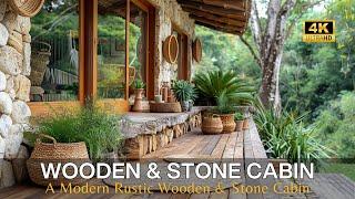 Exploring A Modern Rustic Wooden & Stone Cabin with Large Windows & Lush Tropical Garden Landscape