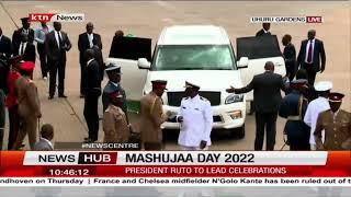 Musalia Mudavadi and wife Tessie Mudavadi arrive at Uhuru Gardens for Mashujaa Day celebrations