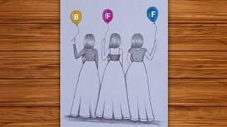 How to draw three girls best friends step by step|bff drawing easy|girls friendship drawing|drawing