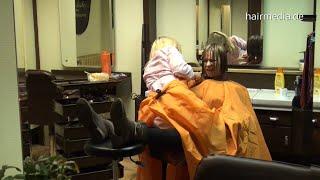 8131 trailer Barberette forced punishment haircut by boss trailer apron salon