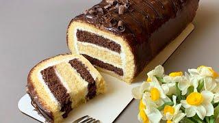 Layered Chocolate & Vanilla Roll Cake!Soft, Creamy & Delicious!