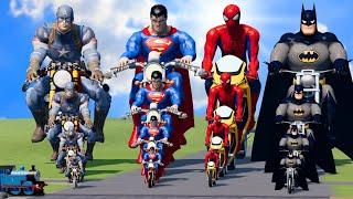 Big & Small: Spiderman vs Superman vs Batman vs Captain America on a motorcycle vs Train | BeamNG