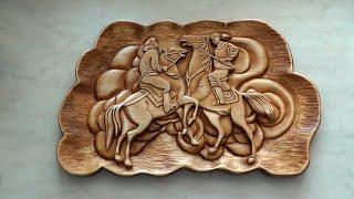 Wood carving picture. Painting of wood panel