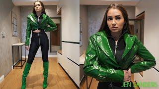 Extra Shiny Black Spandex with Zippers | Shiny Green PVC Under Knee Stiletto Boots and Crop Jacket