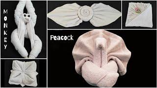 5 Ideas of Towel folding Origami, Monkey, Flowers, Peacock, Lotus, Sunset