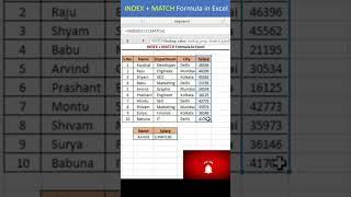 Index + Match formula in Excel #viralvideo #excelformula #shorts