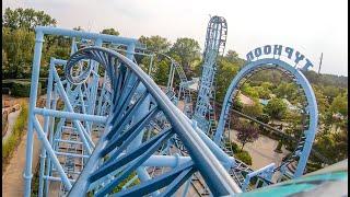 Riding Typhoon Vertical Drop Roller Coaster Multi Angle 4K POV Bobbejaanland Belgium