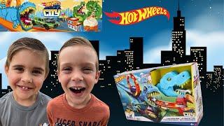 HOTWHEELS CITY T-REX CHOMP Play Set! Let's CRASH Cars and unbox!