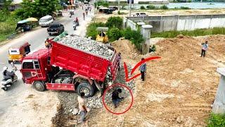 Coverage Rock Making Road For Dump Trucks Loading Soil With Bulldozer Pushing Land