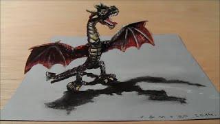 Drawing a 3D Red Dragon, Trick Art by Vamos