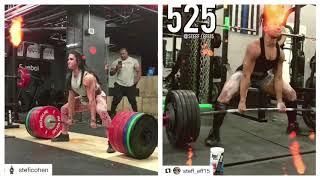 Stefi Cohen and Steph Powell deadlifting 525lb in side by side comparison