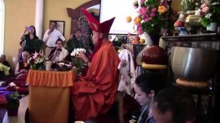 Lama Rangbar offers Mandal Tensum to H.E. Garchen Rinpoche to request the White Tara Initiation