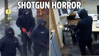 Terrifying moment masked thugs fire SHOTGUN at staff in brazen daylight shop raid