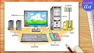 How to Draw Computer Parts Step By Step / Computer Parts Drawing / Desktop Computer Drawing