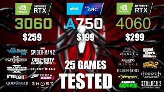 RTX 3060 12GB vs ARC A750 8GB vs RTX 4060 8GB | R9 - 7950X3D | 1080p - 25 Games Tested