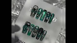 【Emerald Enchantment】Siva Design Green & Silver Press-On Nails: Embrace Mystical Elegance!