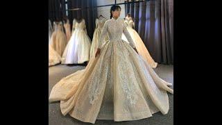 NS3882 Muslim wedding dress lace beaded with high neck long sleeve aliexpress online trying on