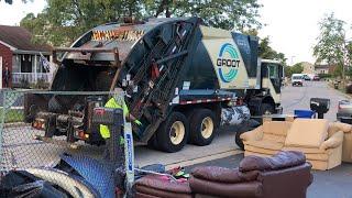 Groot Mack MRU McNeilus Rear Loader Garbage Truck Packing Massive Bulk Pile