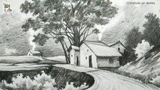 Hill Area Houses In A Scenery Art With A Pencil || PAINTLANE