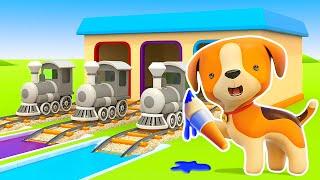 Three trains go through pools with paint. Cars and trains cartoons for kids & animals for kids.