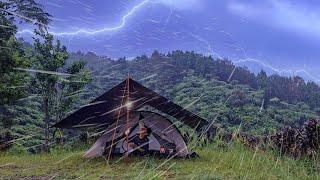 solo camping in heavy rainstrom and thunderstrom - ASMR sounds of camping rain