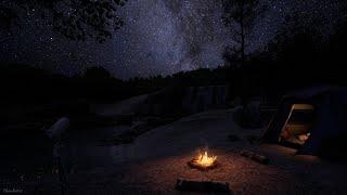 Starlight Camping Ambience | Crackling Fire, Crickets, Water Sounds