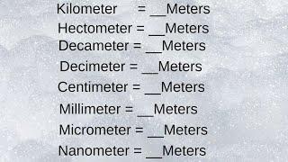 killometer, hectometer, decameter, decimeter, meter, millimeter, micrometer, nanometer to meters