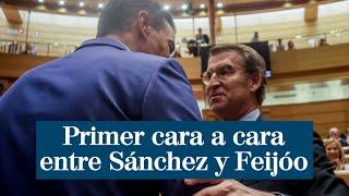 Primer cara a cara entre Sánchez y Feijóo en el Senado: del abrazo a la confrontación