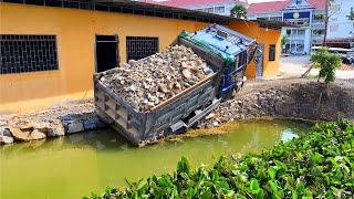 First Fail Truck Unload Project Delete pond Flooded area !! Bulldozer , Excavator help cover Truck