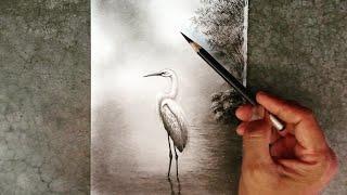 How to draw Heron landscape with easy ways by pencil.