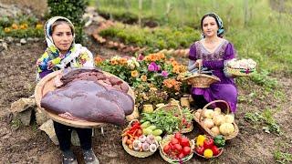 Cooking Fried Beef Liver Recipe and Tandoori Penjagish Bread in Mountain Village