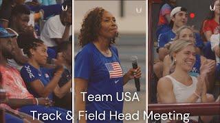 Team USA head coach speaks to the Track And Field team before the Olympics starts, LaTanya Sheffield