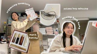 moving back home, polène + merit unboxing, organizing business inventory + supplies