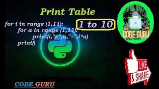 How to Print Table 1 to 10 Using for loop in python | Tutorial in Hindi |