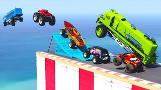 GTA 5 Monster Trucks Jumping Into Water (Monster Jam Truck, Car, Train, Bus, Boat) Which is Best?