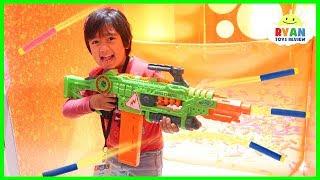 Ryan plays with Nerf toys, Monster Trucks, Beyblade and more!!!