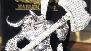 Harlembling 3D Custom semi ice  out Minotaur pendant review flash test 