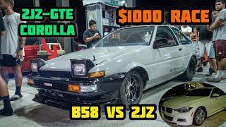 2JZGTE SWAPPED AE86 COROLLA VS BMW 340I B58 | $1000 RACE | + 2JZ TURBO 350Z & SUPERCHARGED CORVETTE