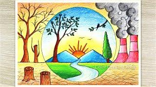 How to draw Save Tree Save Earth, Environment Day Scenery Drawing, Poster drawing